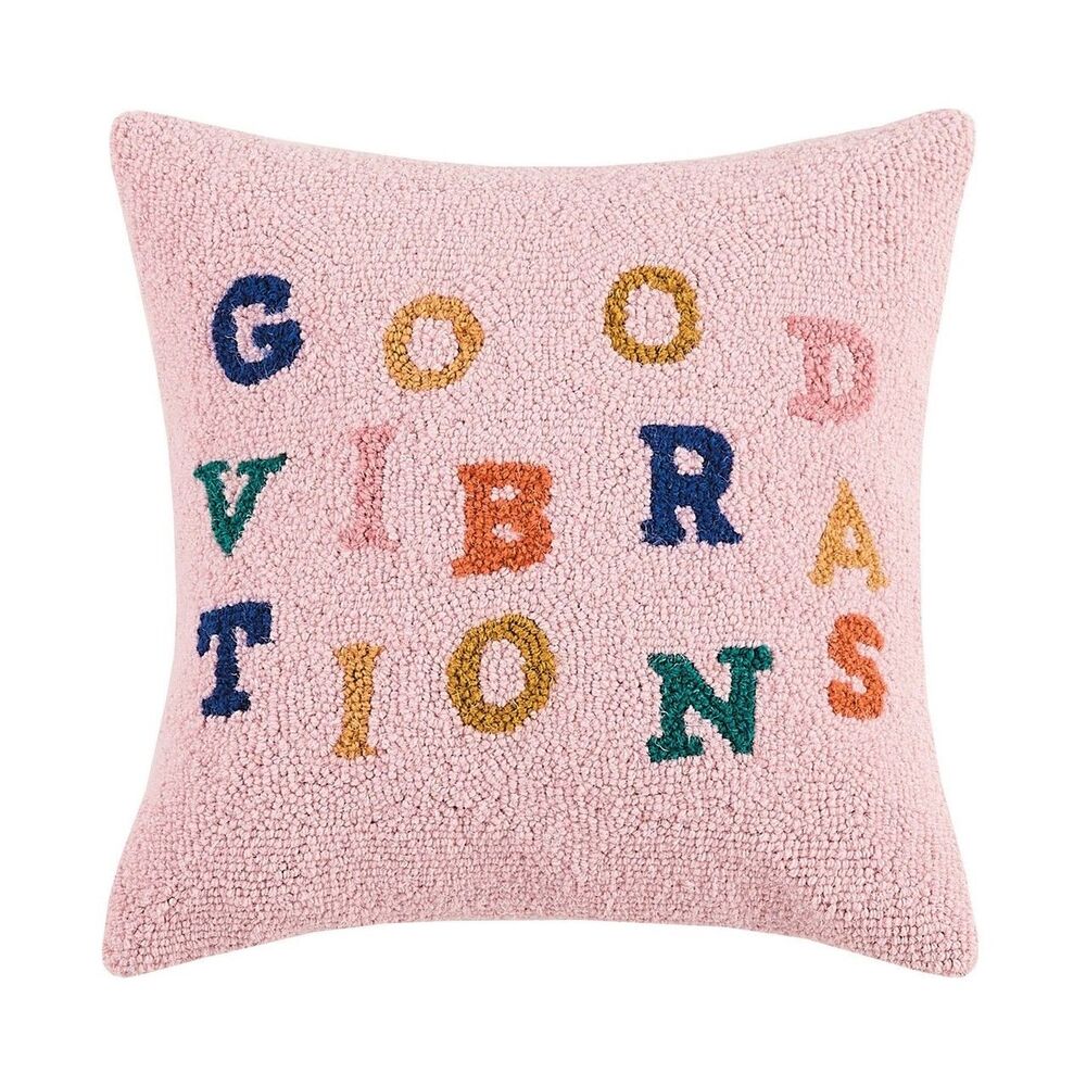 Pink Hooked Wool Pillow Cover Good Vibrations 18" Square - Picture 2 of 11